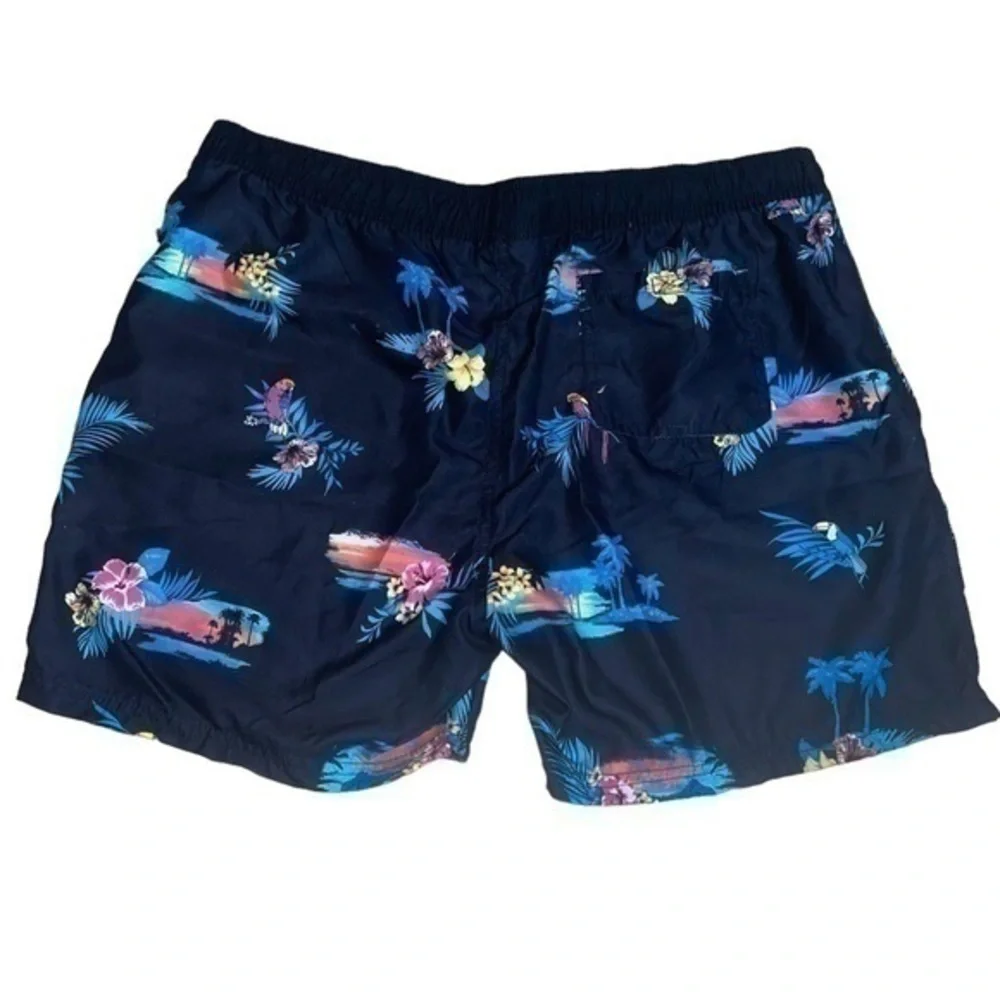 Burnside Parakeet Black and Blue Tropical Print Swim Trunks -Size XL